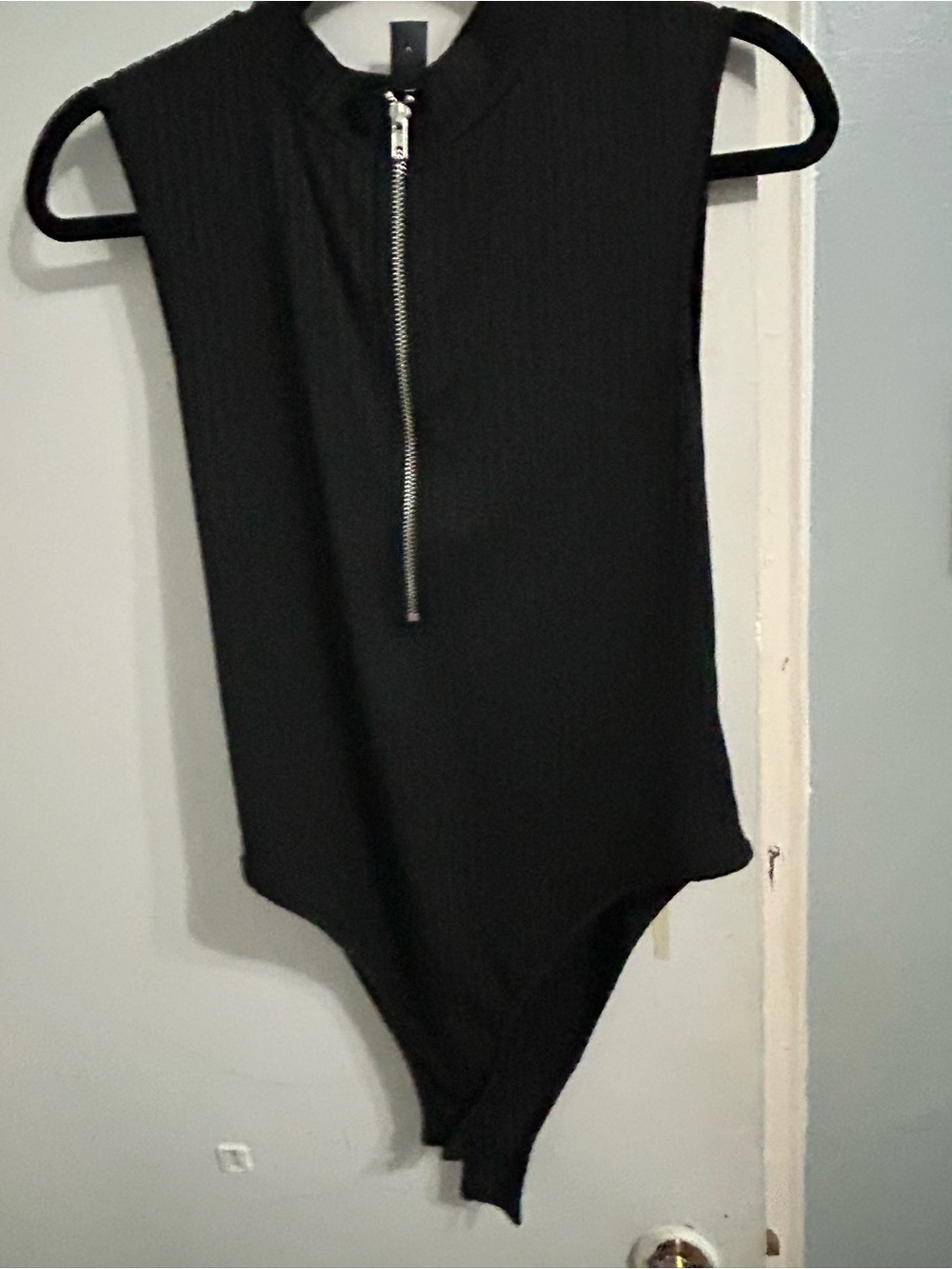 Black Ribbed Zip-Front Bodysuit